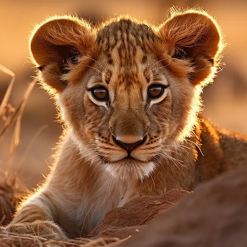 En söt Afrikansk lejonunge med nyfiket blick