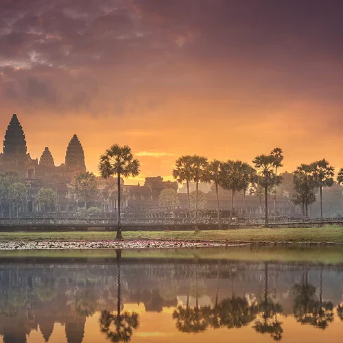 Angkor Wat-templet i Kambodja vid solnedgången, med silhuetter av träd och reflektion i vattnet, skapar en dramatisk och vacker scen.