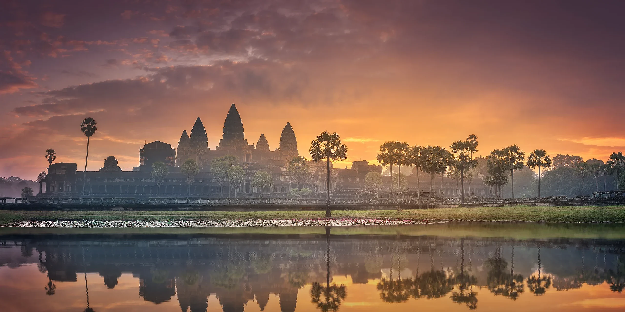 Angkor Wat-templet i Kambodja vid solnedgången, med silhuetter av träd och reflektion i vattnet, skapar en dramatisk och vacker scen.