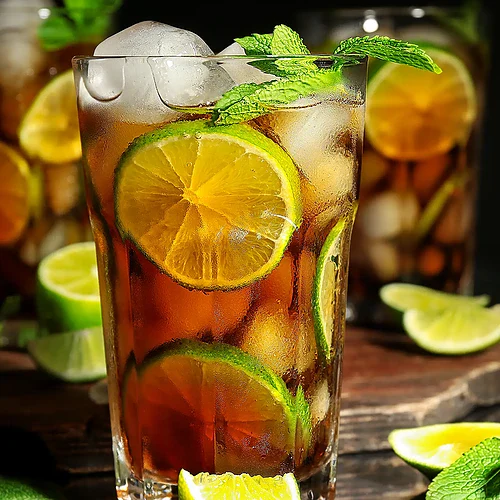 en Kuba Libre i ett glas med lime runt omkring