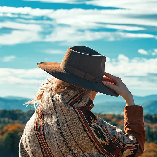 En kvinna i poncho och cowboyhatt i bergen i Polen