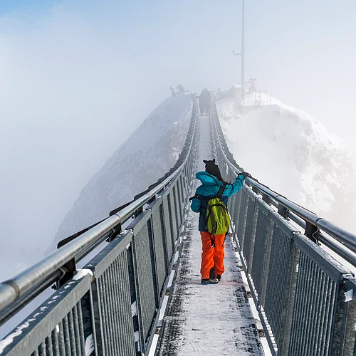 En skidåkare går över en hängbro på Les Diablerets Glaciär 3000 i Schweitz