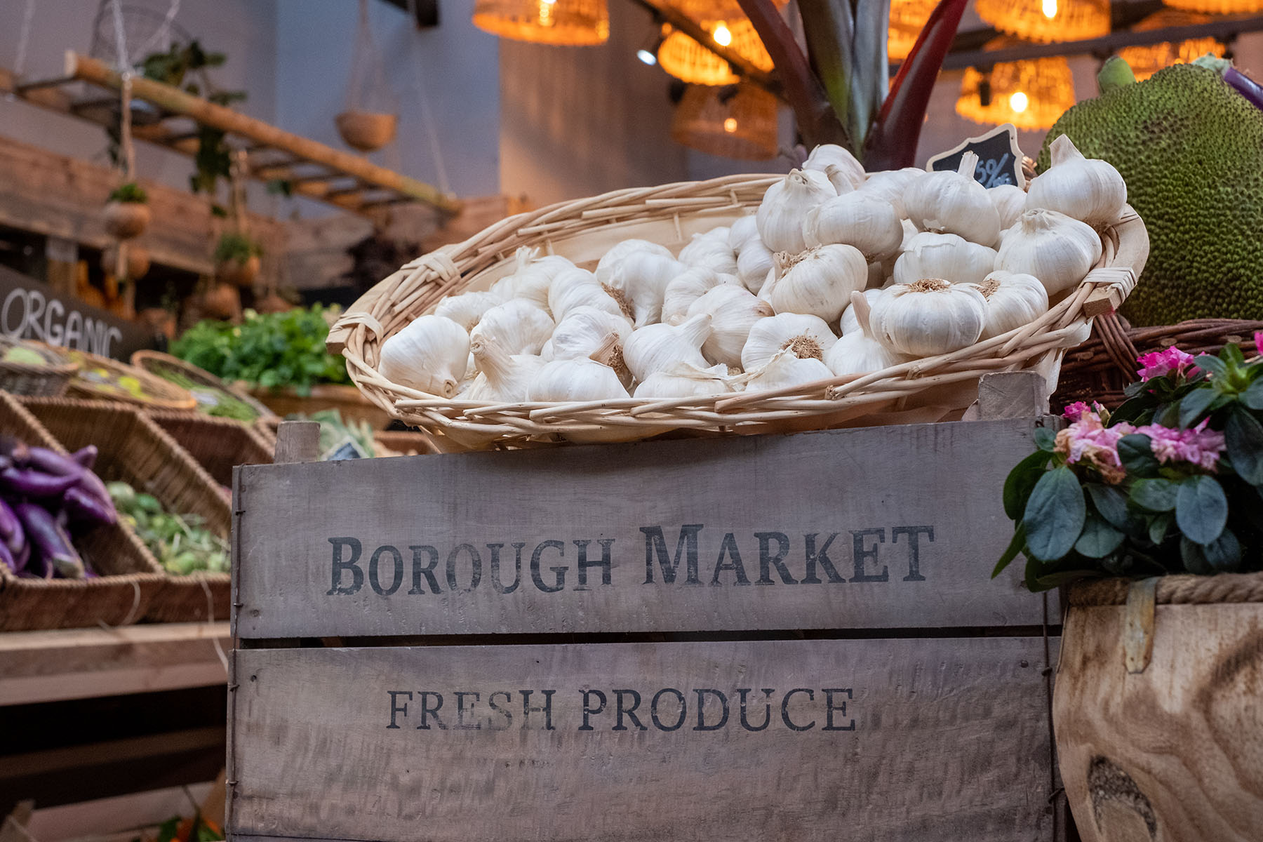 Färsk mat på Borough marknaden i London i Storbritannien