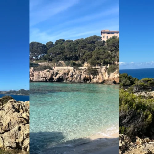 Kvinna på träningsresa till Mallorca som gör yoga vid klipporna vid Cala Ratjada